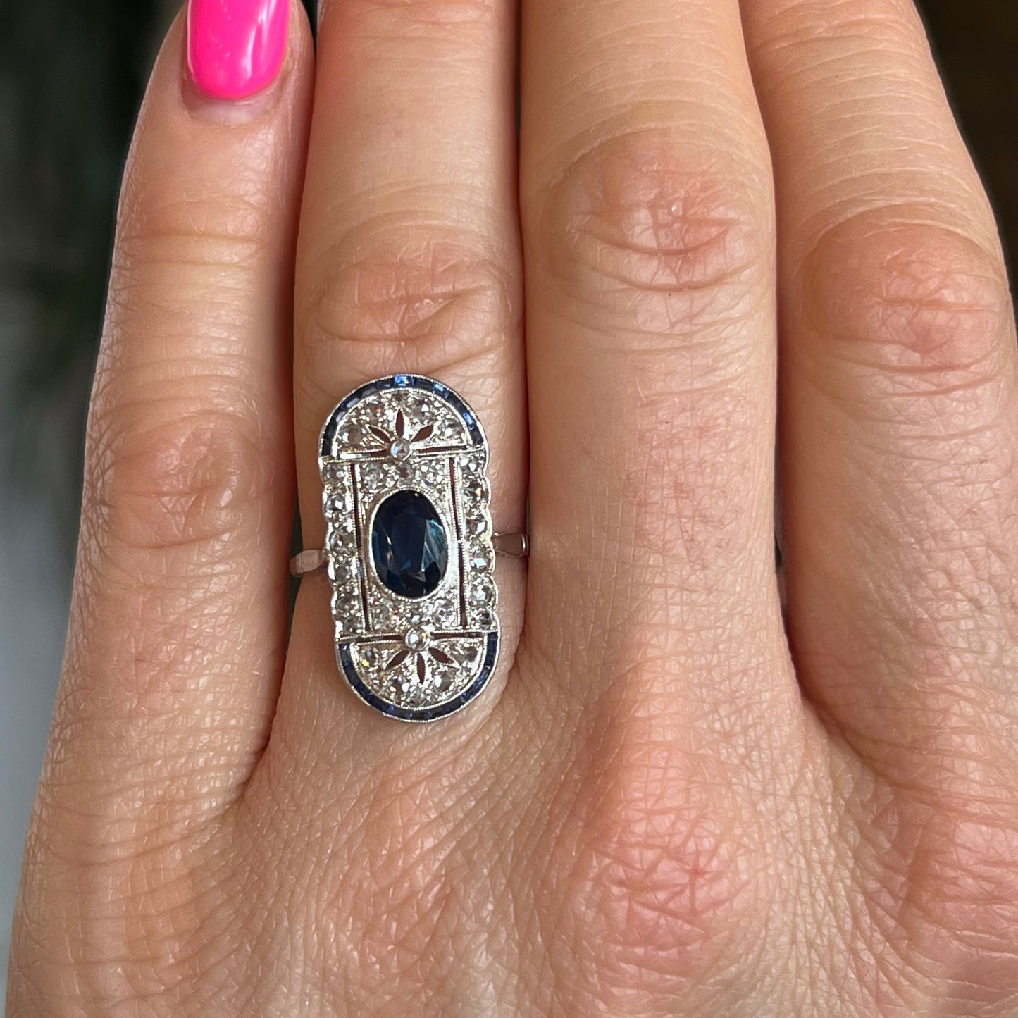 Vintage Filigree Cocktail Ring Art Deco Sapphire in Platinum
