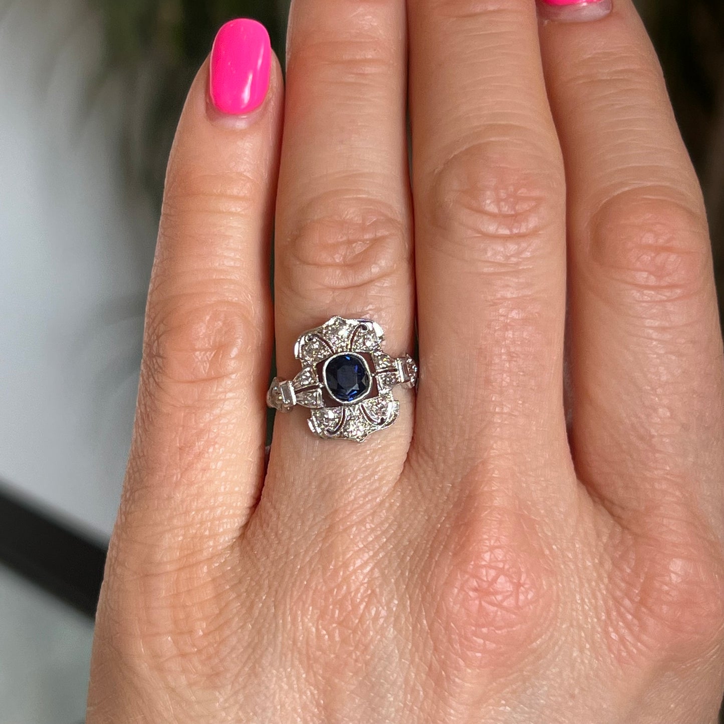 .70 Cushion Cut Sapphire & .50 Single Cut Diamond Ring Platinum