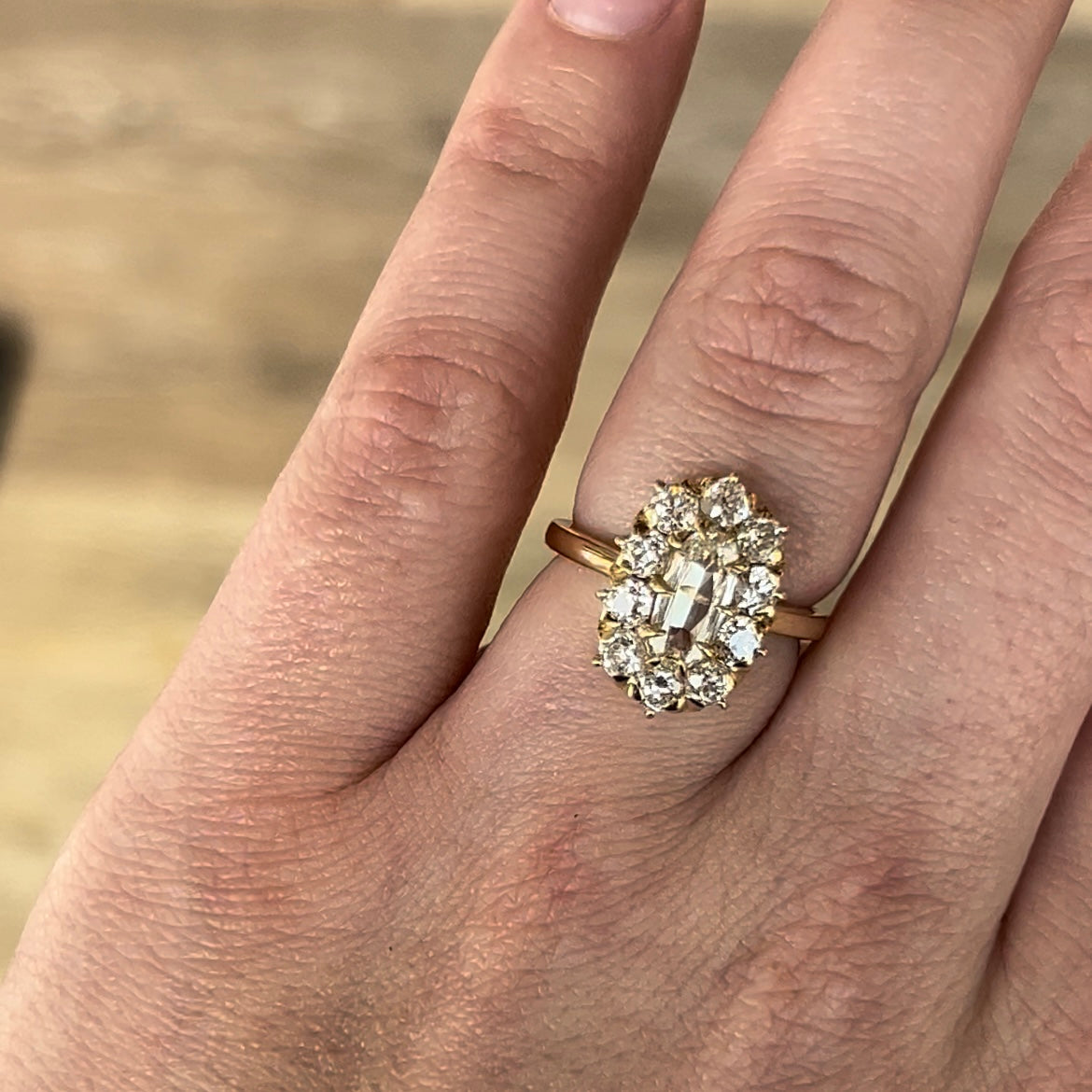 Victorian Inspired Oval Diamond Cluster Engagement Ring in 14k Gold