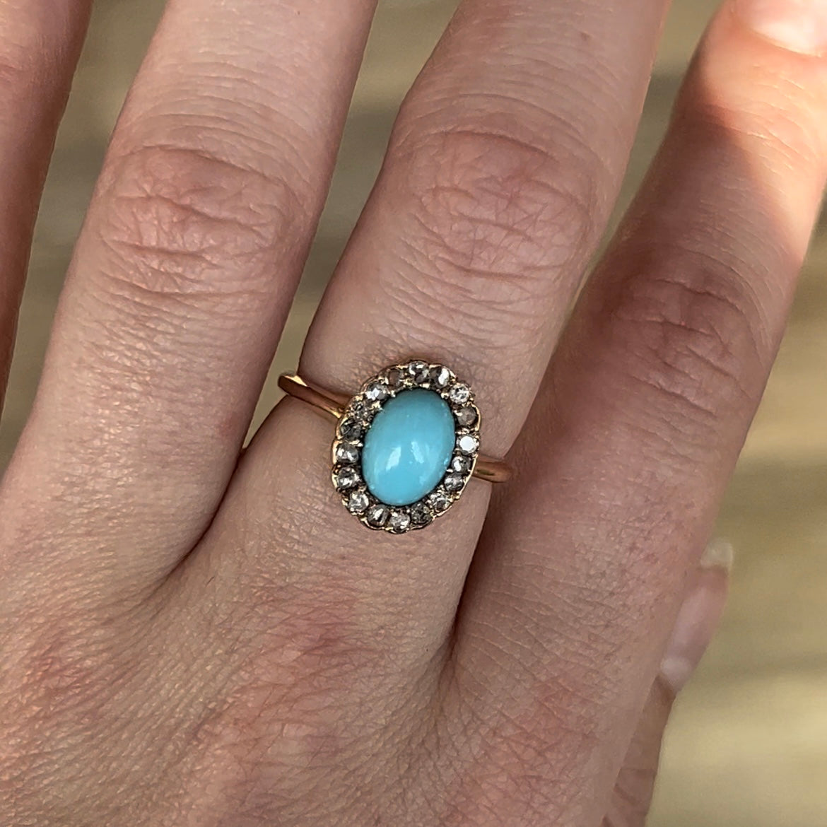 Victorian Turquoise & Diamond Halo Ring in 14k Yellow Gold