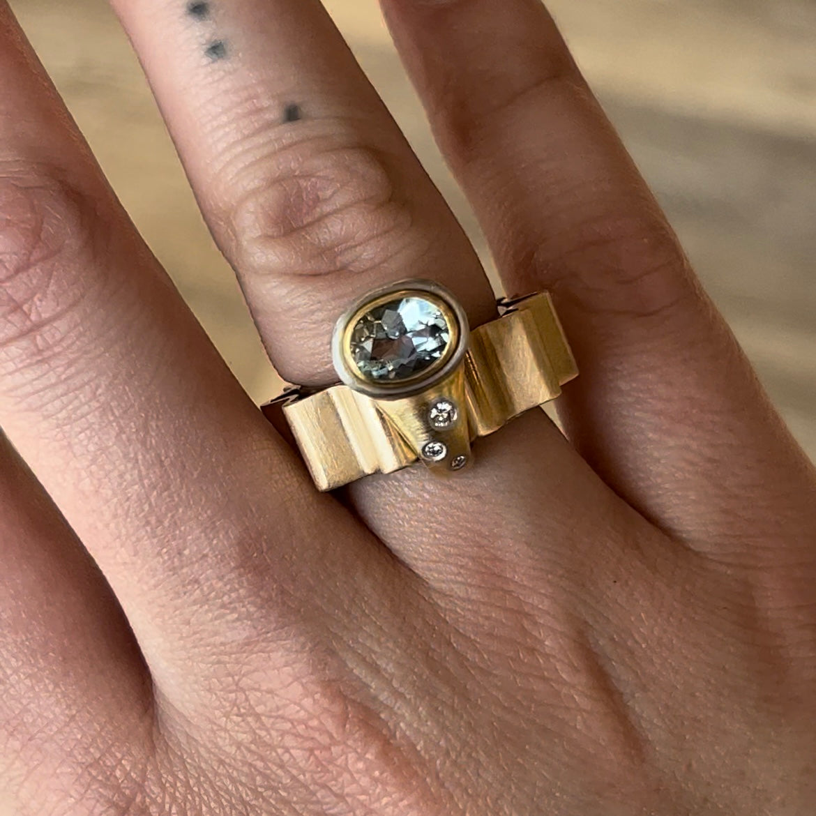 .69 Oval Cut Aquamarine & Diamond Ring in Yellow Gold by Stephanie Lake Design