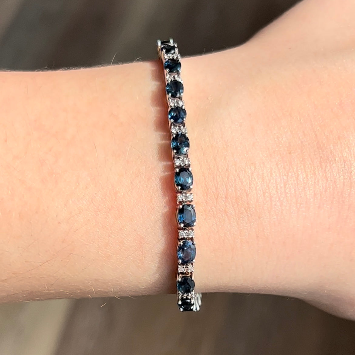 Oval Cut Sapphire & Round Brilliant Cut Diamond Bracelet in 14k White Gold