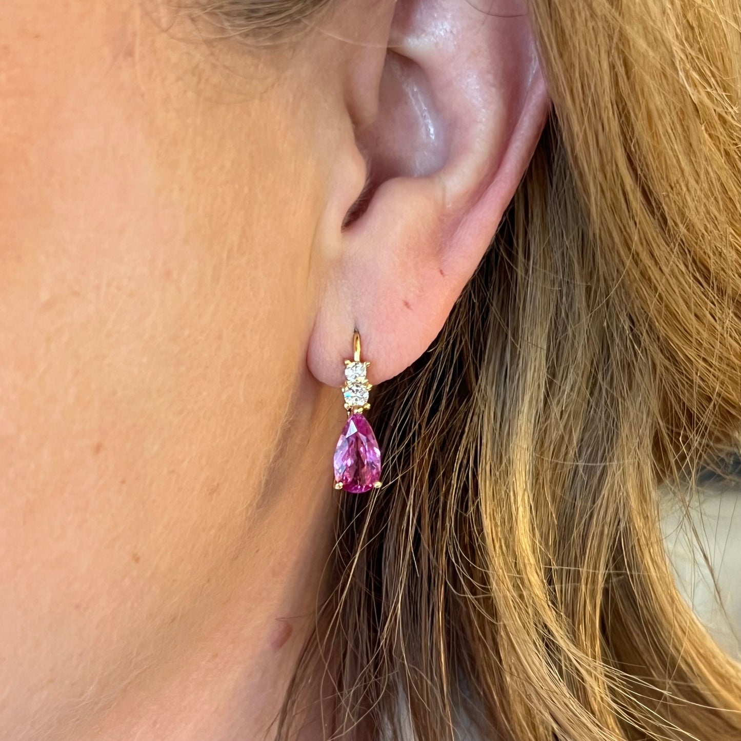 Pink Sapphire & Diamond Drop Earrings in 14k Yellow Gold