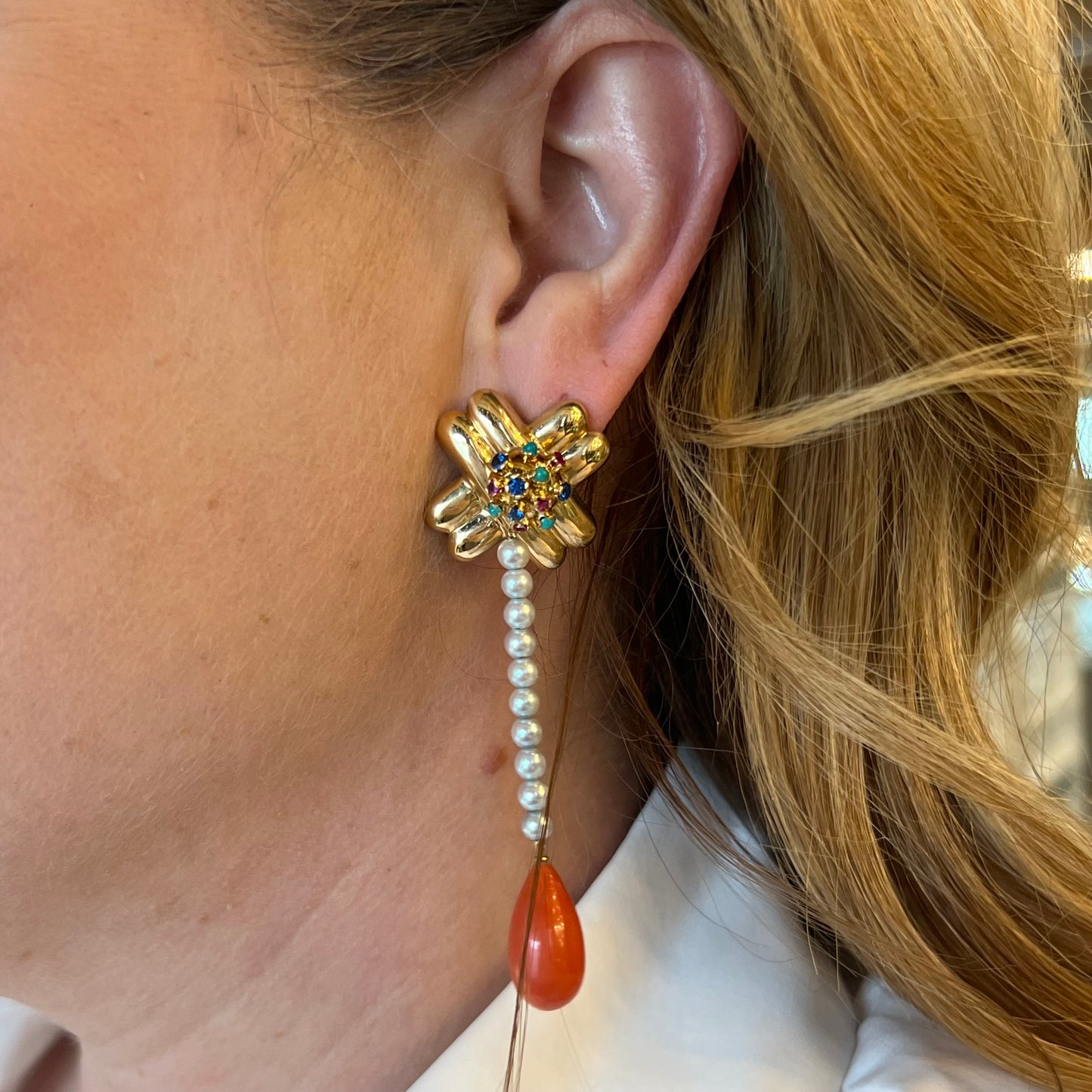 Cabochon Cut Coral Dangle Earrings in Yellow Gold by Stephanie Lake Design