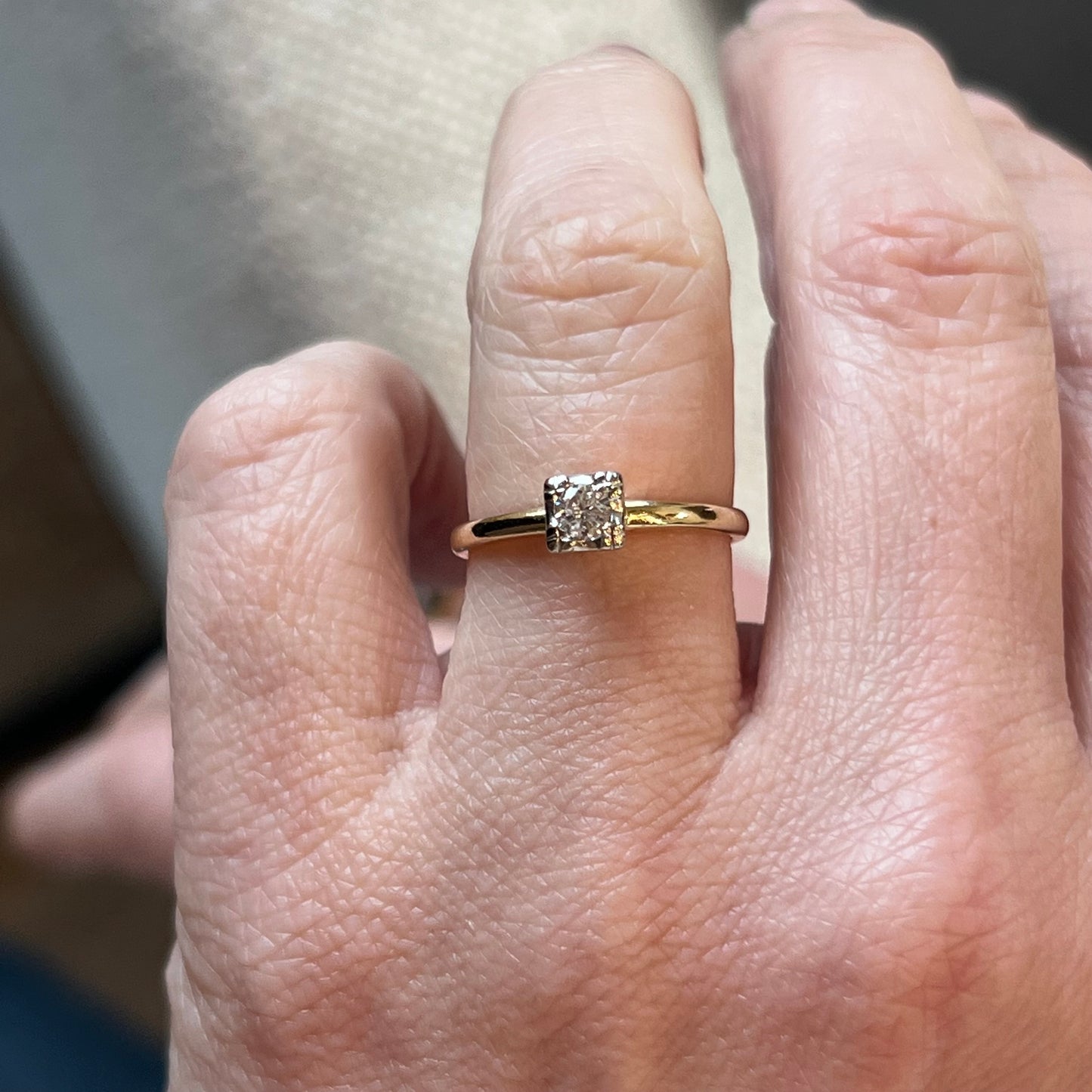 .16 Vintage Retro Diamond Solitaire Engagement Ring in 14k Yellow & White Gold