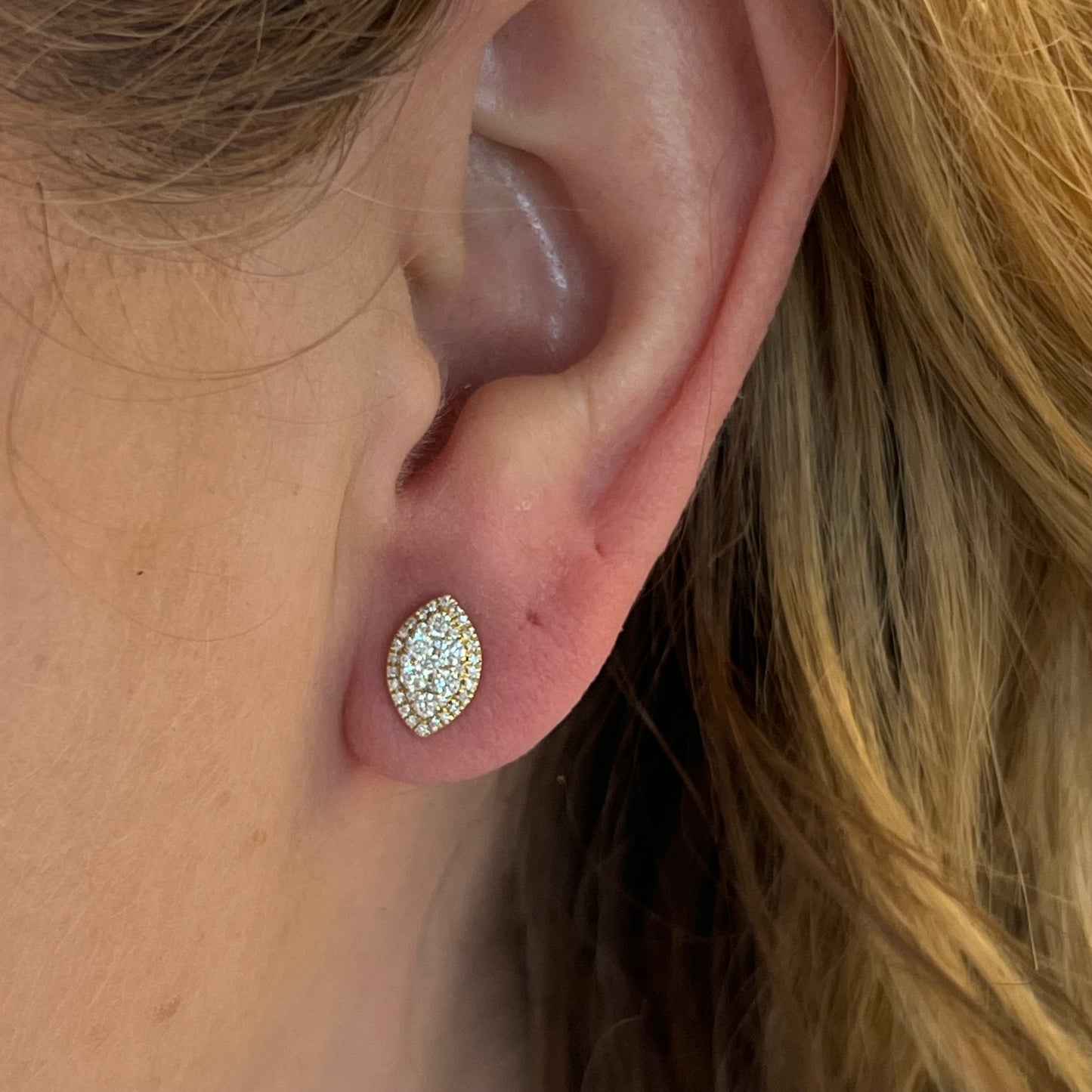 Simple Marquise Shaped Earrings w/ Diamonds 14K Yellow Gold