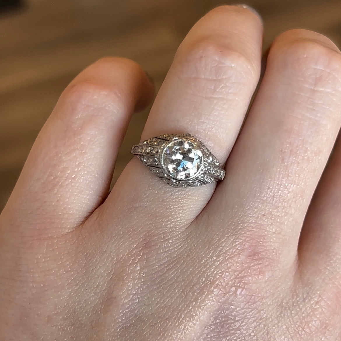 1.95 Old European Cut Diamond Art Deco Engagement Ring in Platinum