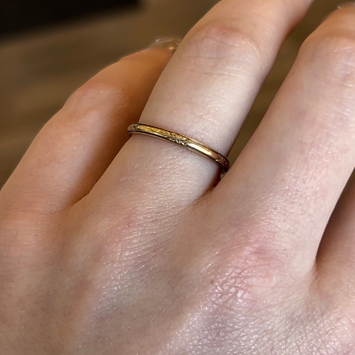 Men's Art Deco Thin Engraved Wedding Band in 14k Yellow Gold