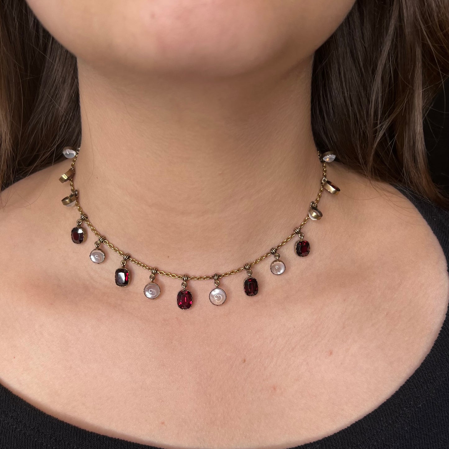 Victorian Moonstone & Garnet Necklace in Yellow Gold