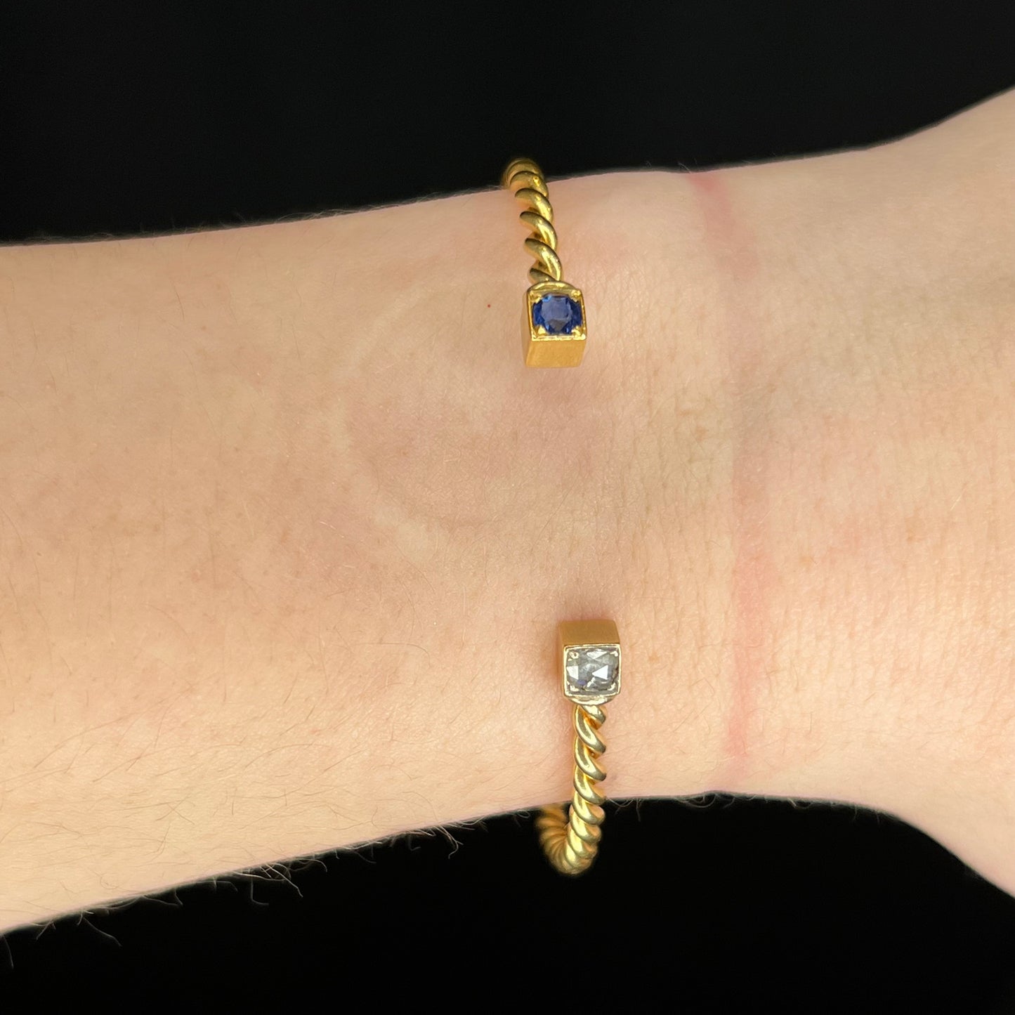Victorian Diamond & Sapphire Twist Bangle Bracelet in 18k Yellow Gold