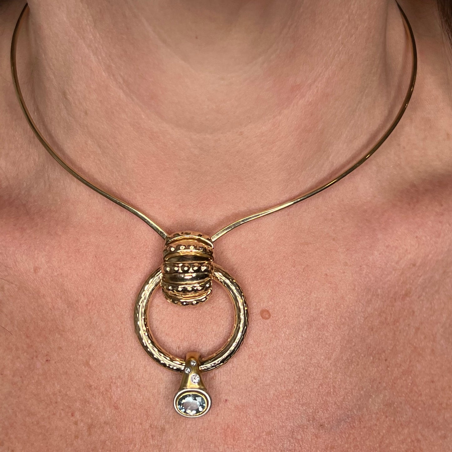 Oval Cut Aquamarine & Diamond Necklace in Platinum & Yellow Gold by Stephanie Lake Design