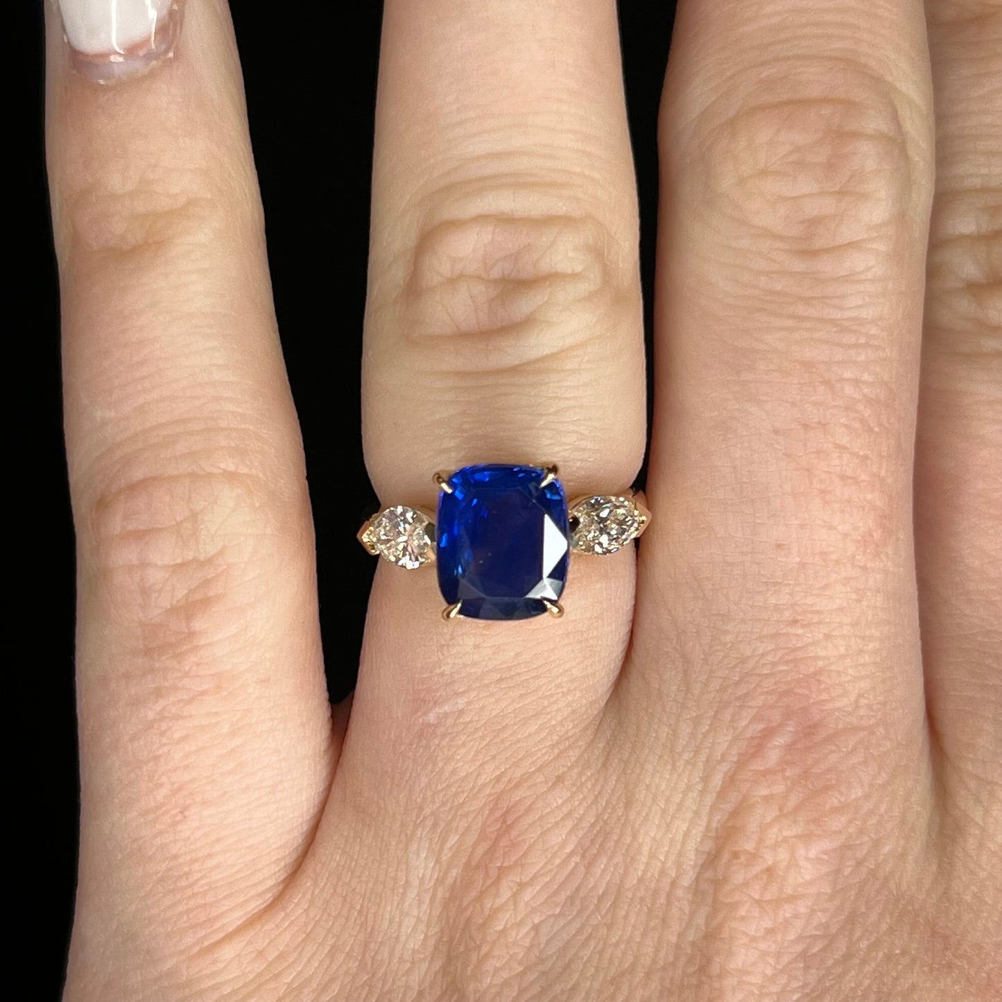 4.46 Blue Sapphire Cushion Three Stone Ring in 14k Yellow Gold