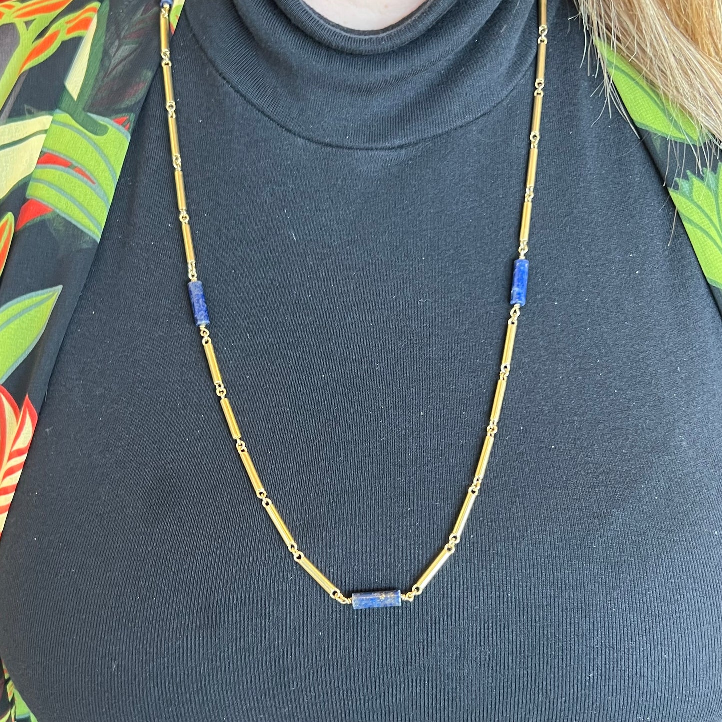 30 Inch Lapis Lazuli Chain Necklace in 18k Yellow Gold