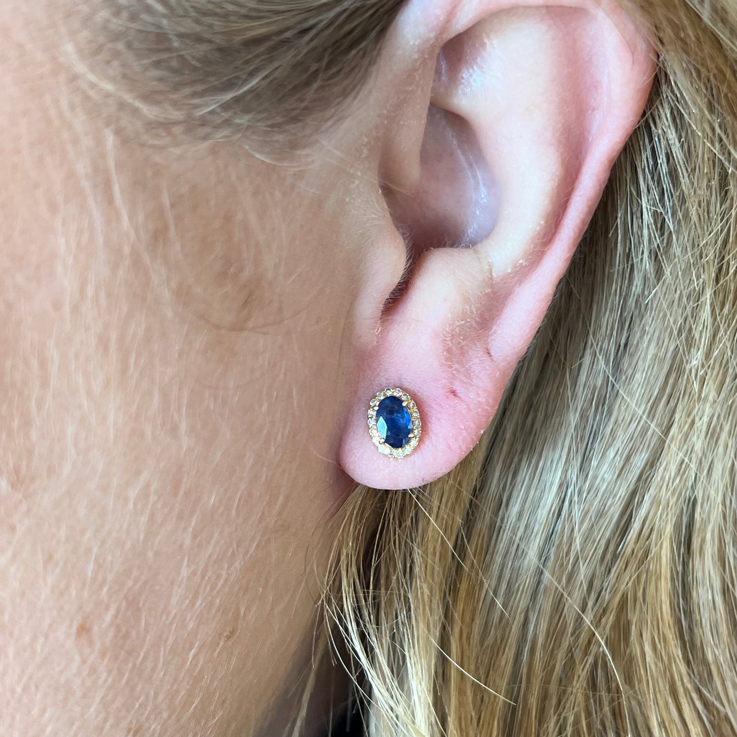 Oval Cut Sapphire Halo Stud Earrings in 18k Yellow Gold