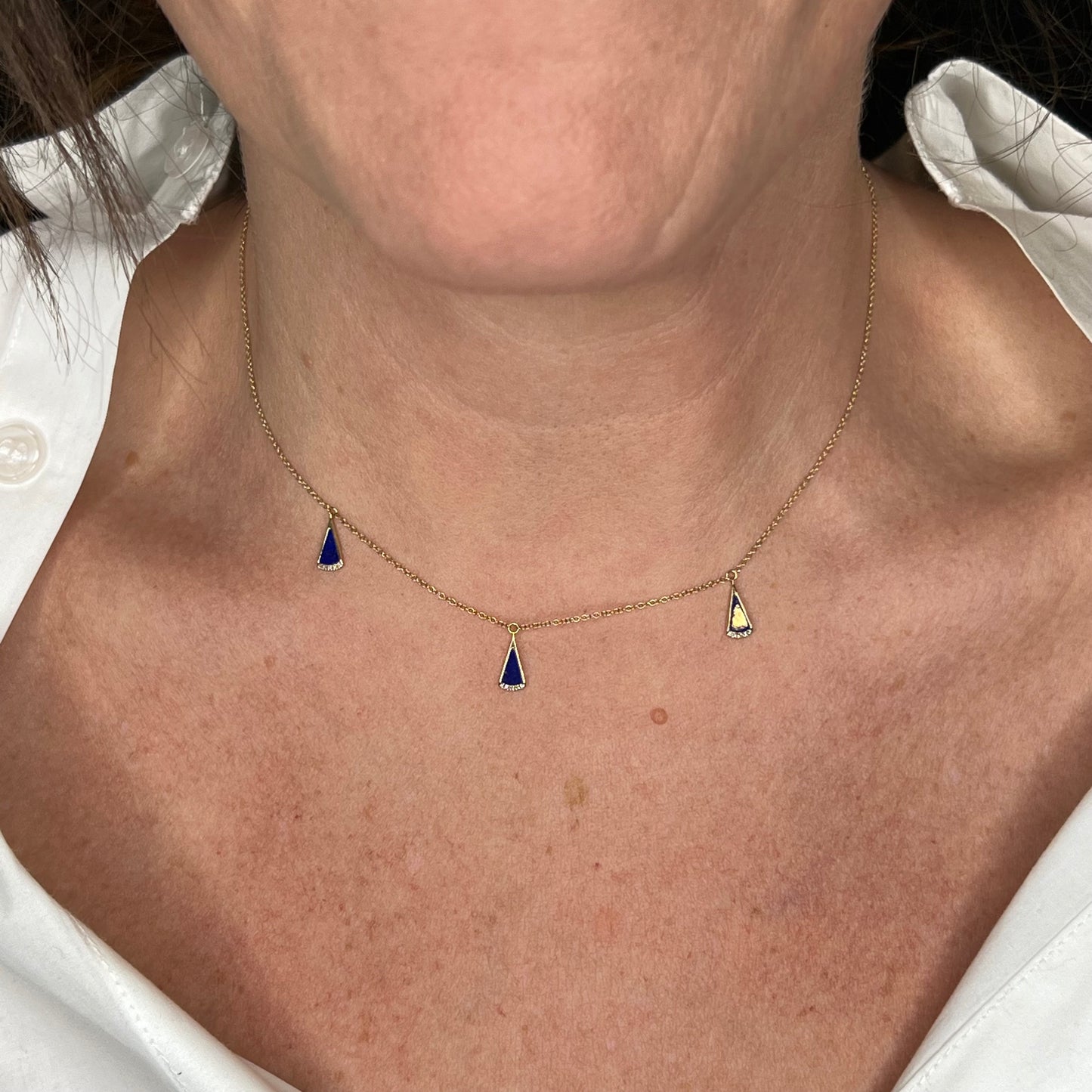 Triangle Cut Lapis Lazuli & Diamond Necklace in 14k Yellow Gold