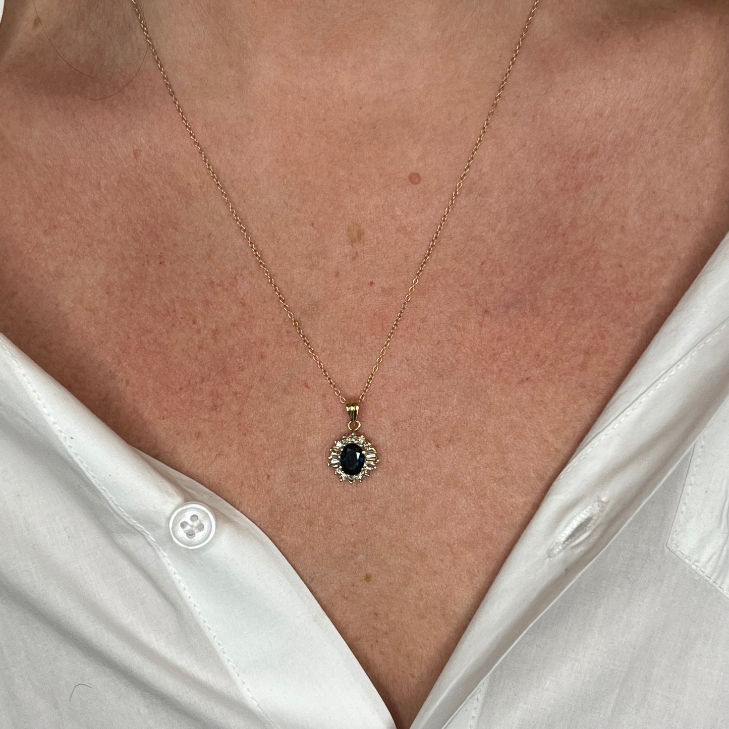 Oval Sapphire & Diamond Ballerina Halo Necklace in 14k Yellow Gold