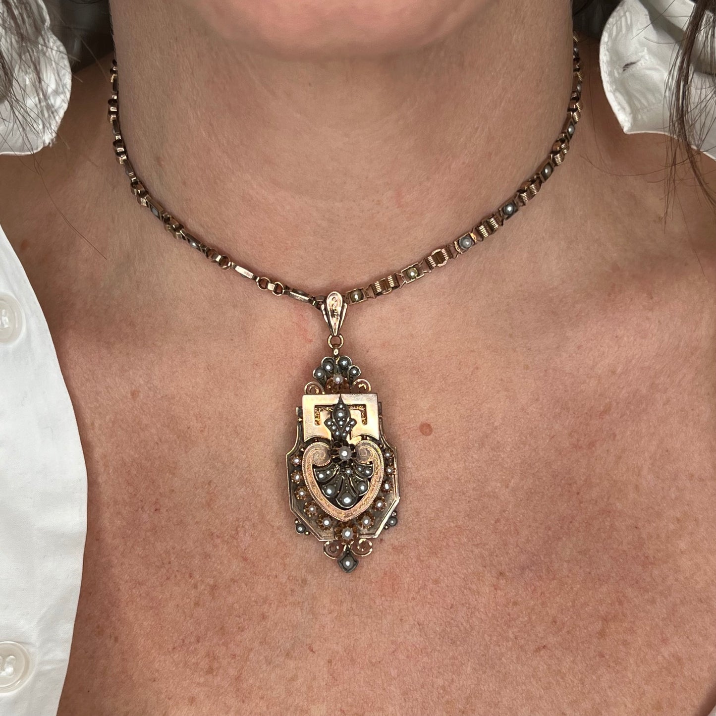 Victorian Rose Gold Pearl Necklace in 14k