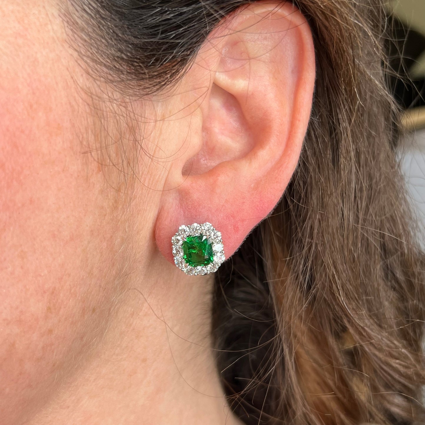 Tsavorite Garnet & Diamond Stud Earrings in Platinum