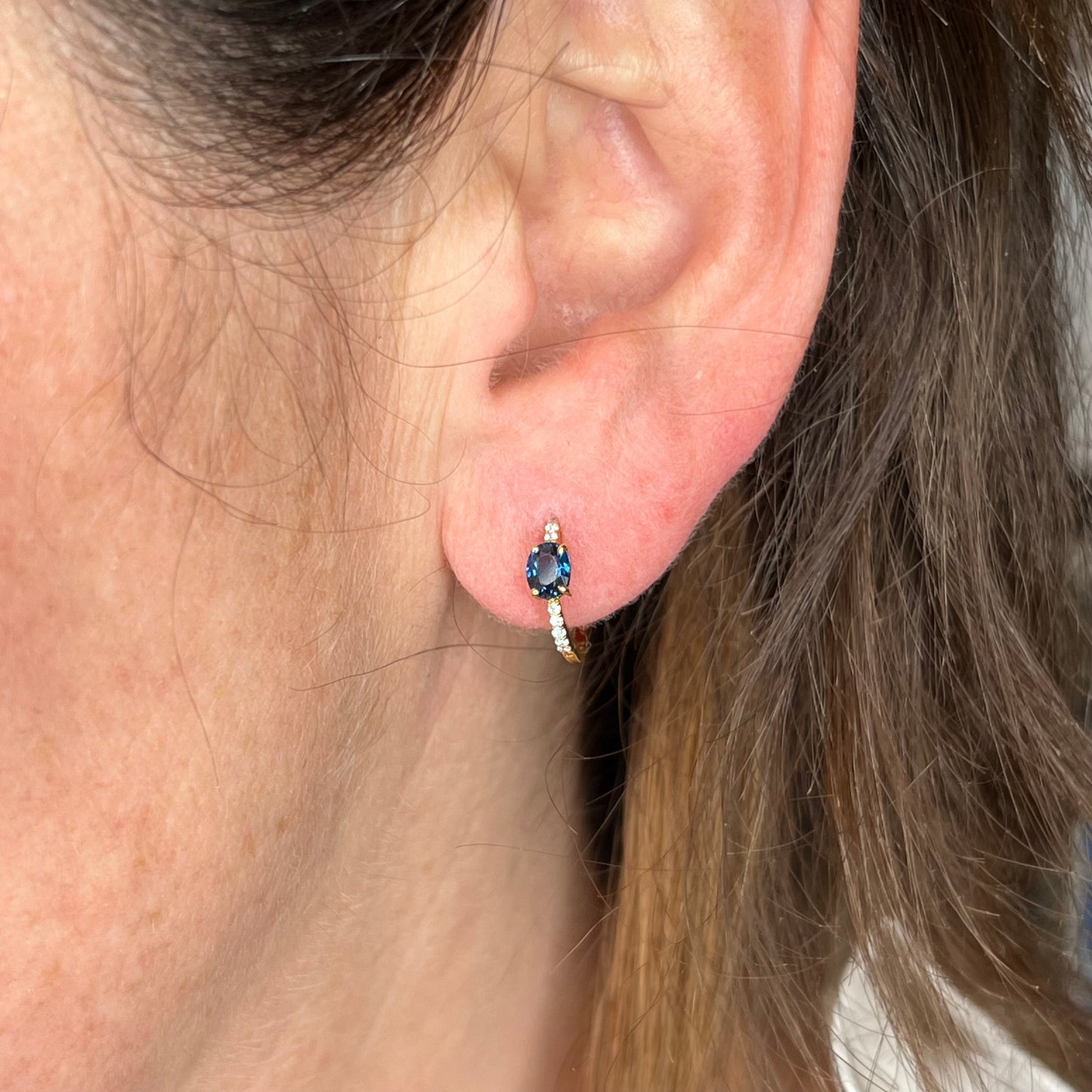 Oval Sapphire & Diamond Hoop Earrings in 14k Yellow Gold