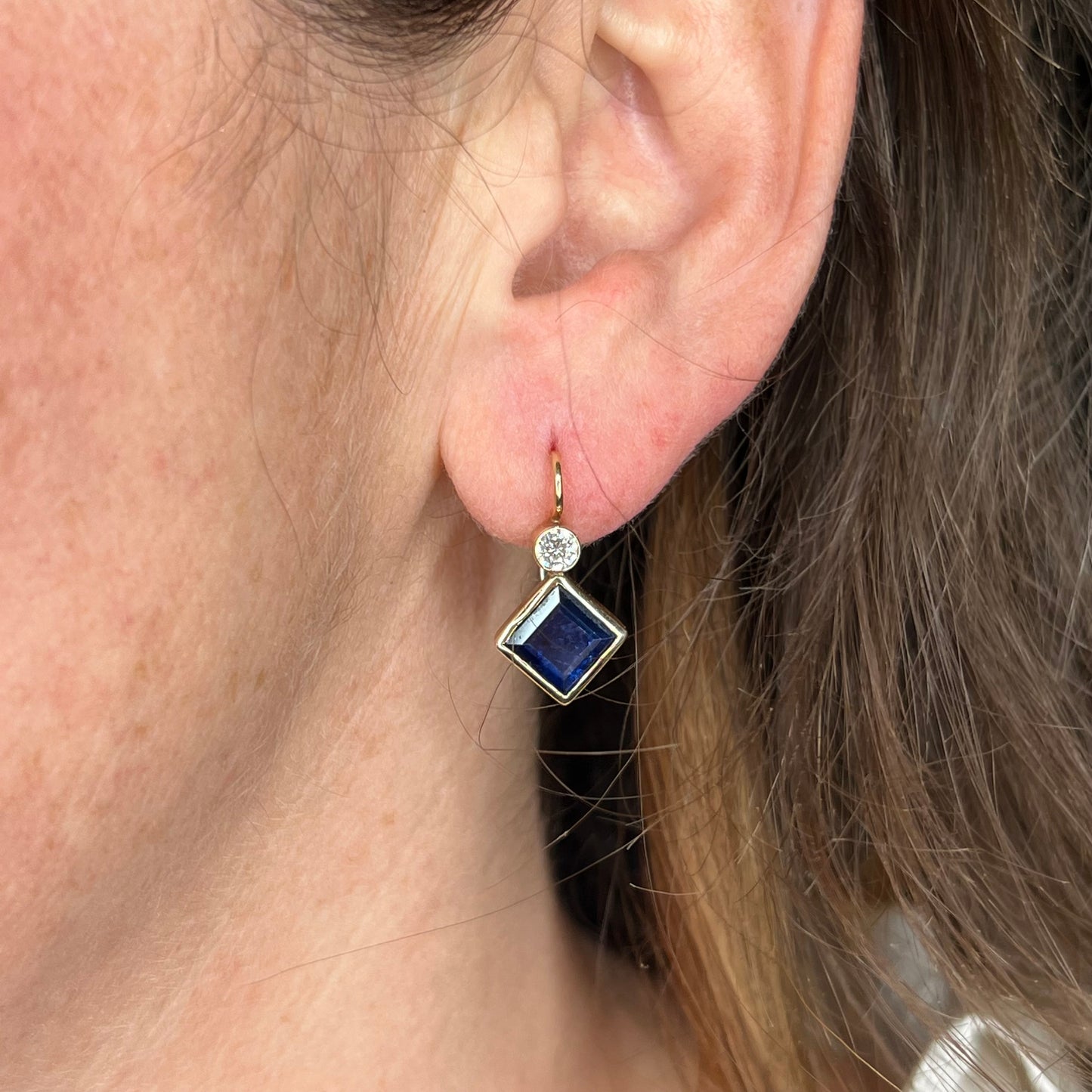 Square Cut Sapphire & Diamond Earrings in 14k Yellow Gold