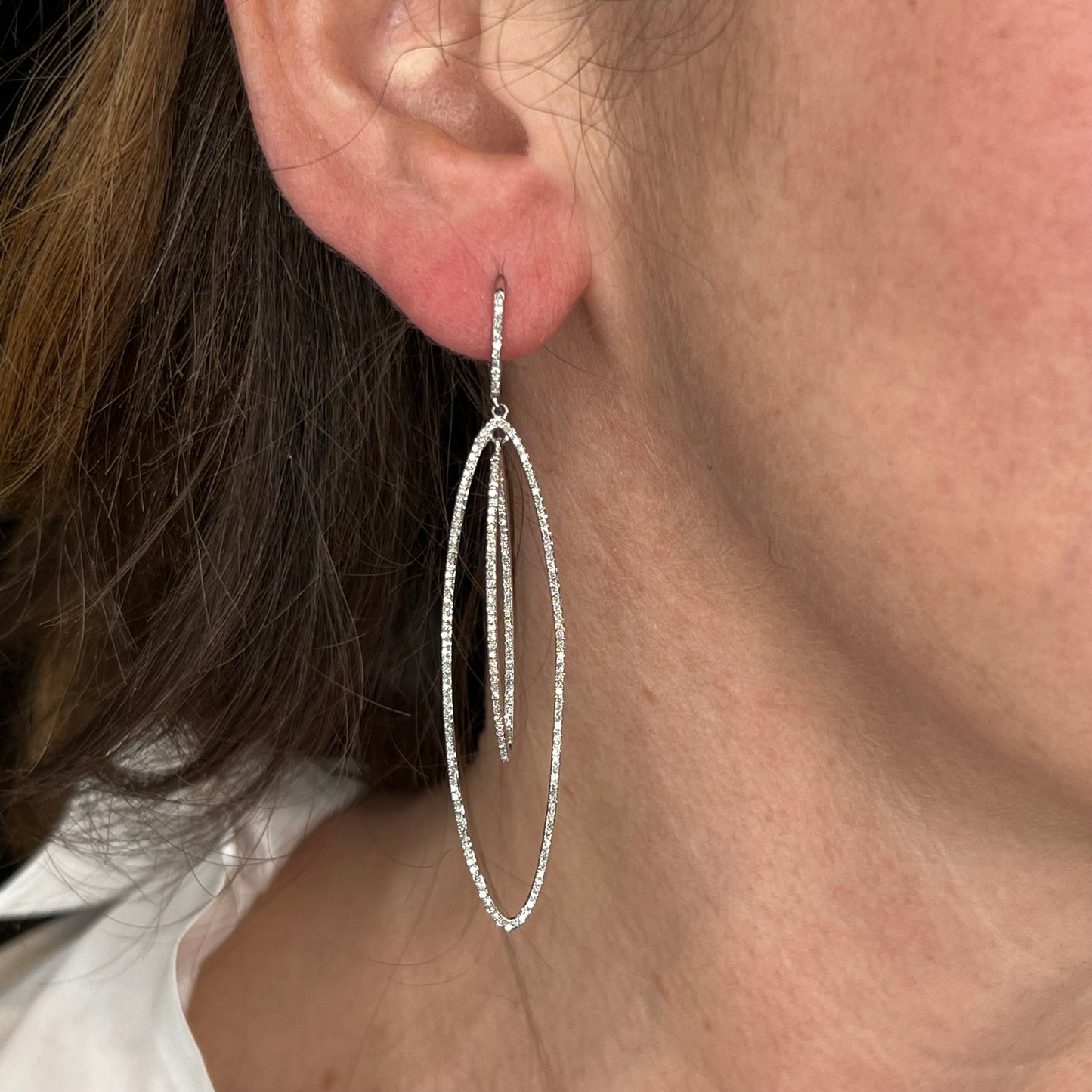 Oval Pave Diamond Hoop Earrings in 18k White Gold