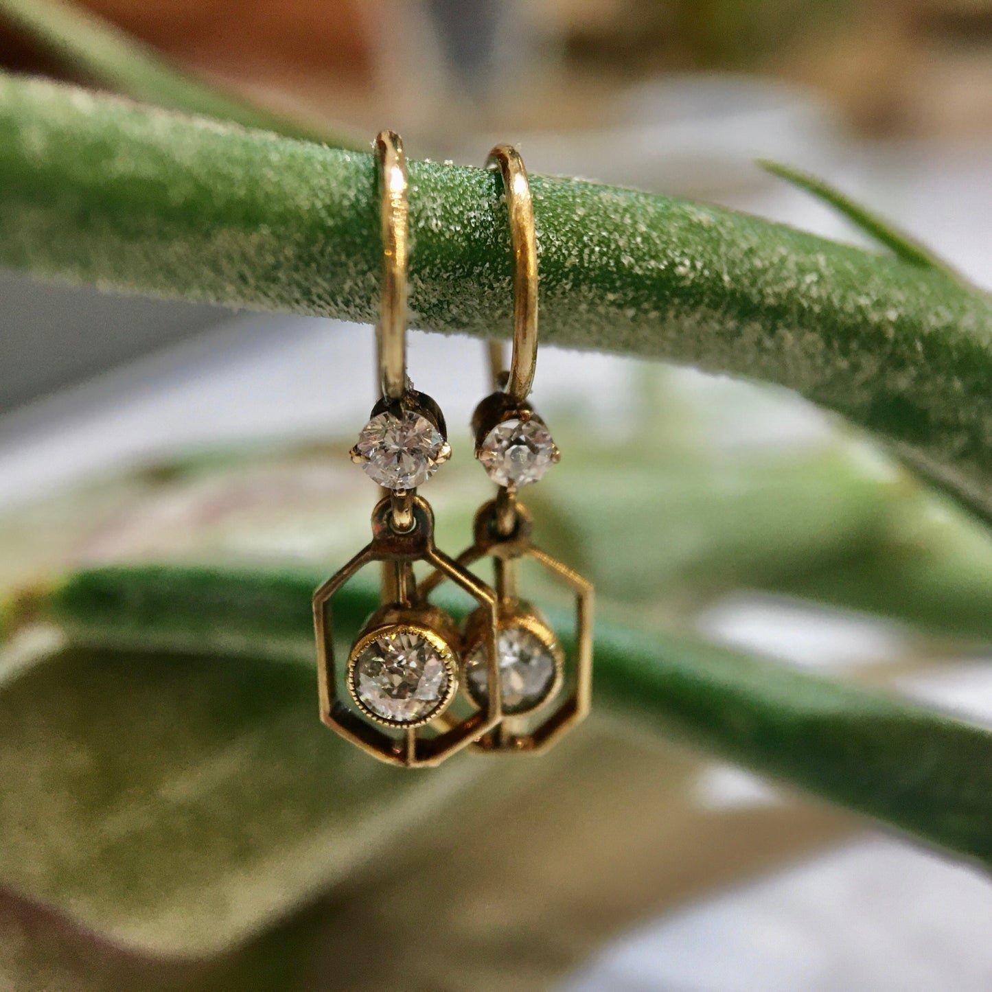 Vintage Deco Diamond Earrings 14k Yellow Gold