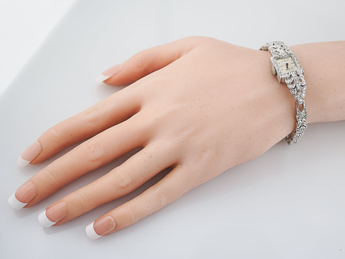 Ladies Watch Late Art Deco 1.55 Baguette & Single Cut Diamonds in 14k White Gold & Platinum