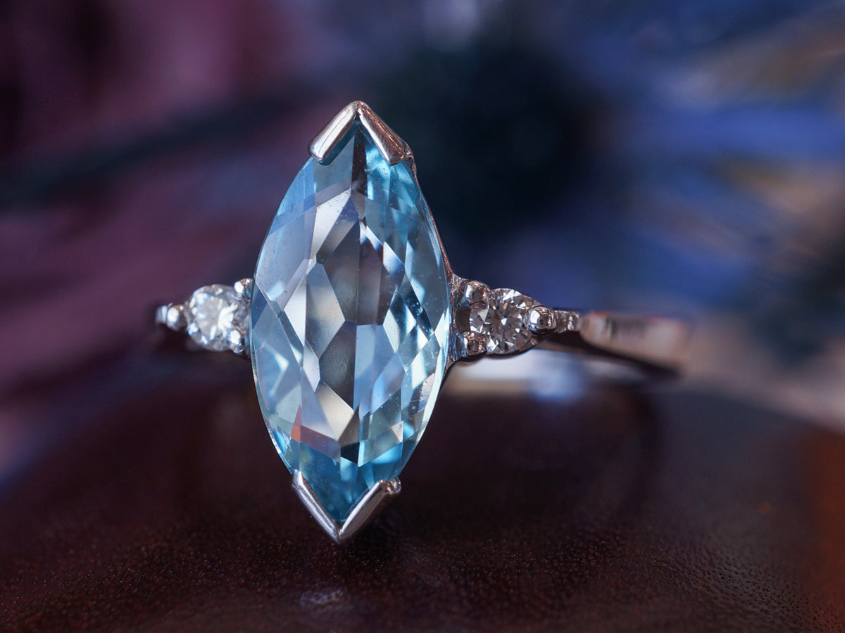 Marquise Cut Aquamarine w/ Diamonds 14k White Gold