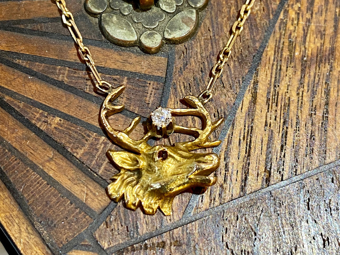 Mid-Century Elk Pendant & Chain Necklace w/ Diamond