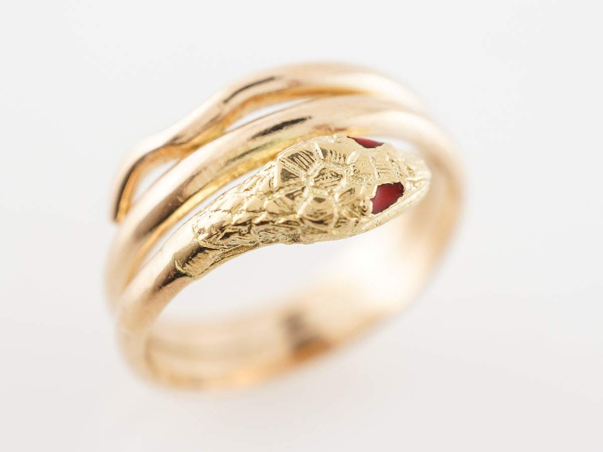 1950's Mid-Century Snake Ring w/ Rubies in 18k Yellow Gold