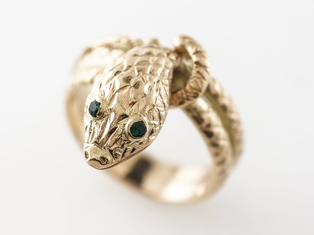 Mid-Century Snake Ring w/ Round Cut Emeralds in 14k Yellow Gold