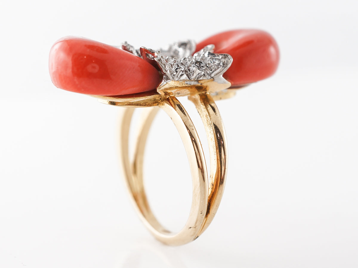 Coral & Pave Diamond Ring in 18k Yellow Gold