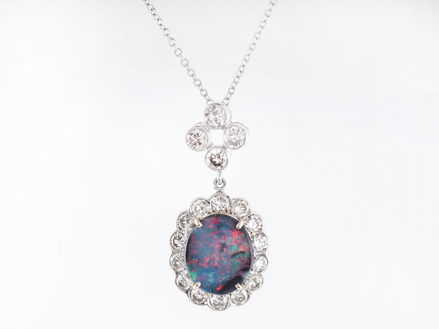 Modern Necklace 1.15 Cabochon Cut Opal 1.24 Round Brilliant Cut Diamonds in 18k White Gold