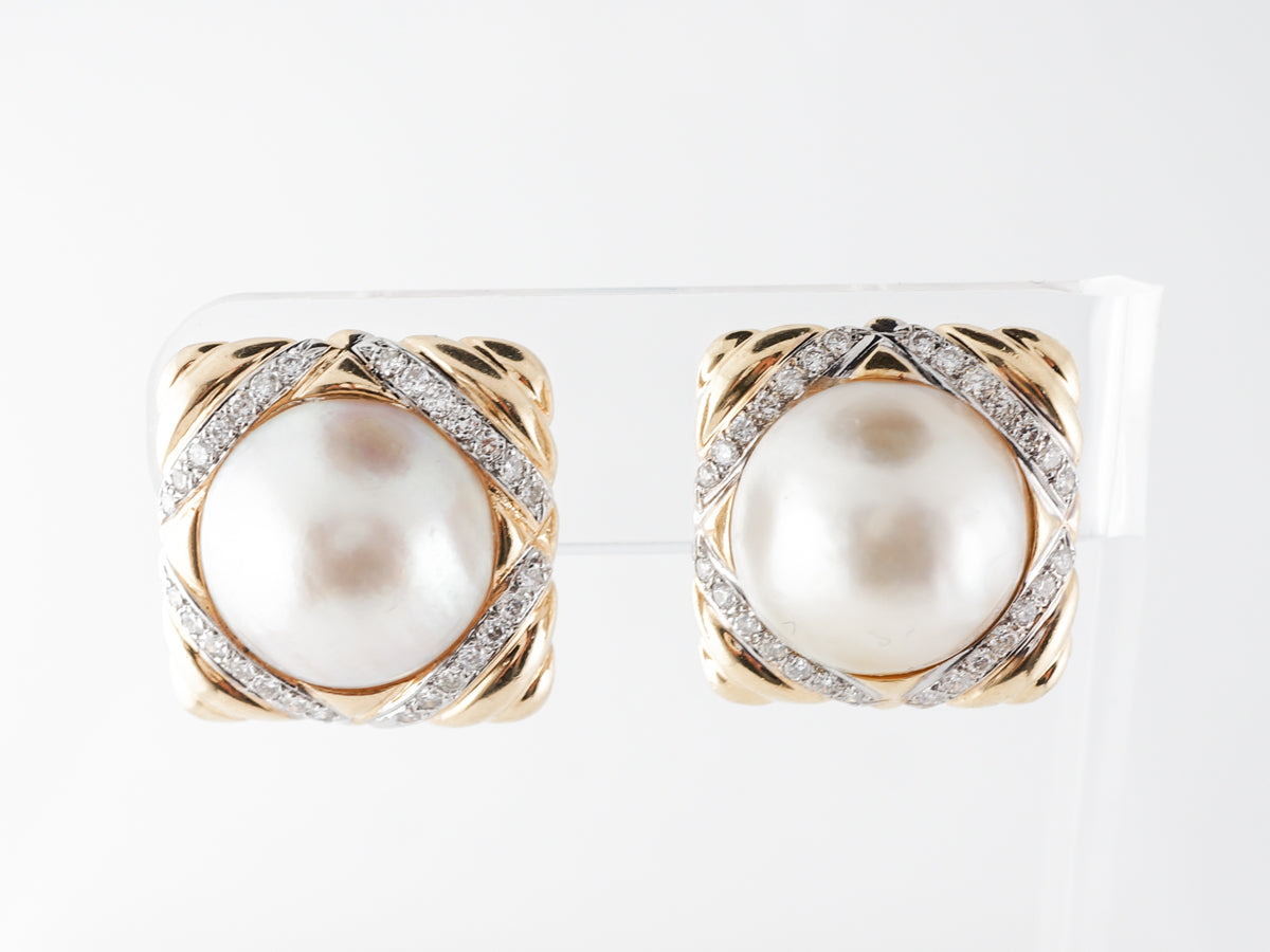 1.00 Carat Diamond & Pearl Earrings in Yellow Gold