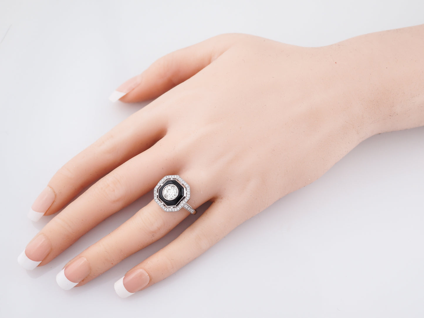 Right Hand Ring Modern .95 Old European Cut Diamond & Onyx in Platinum