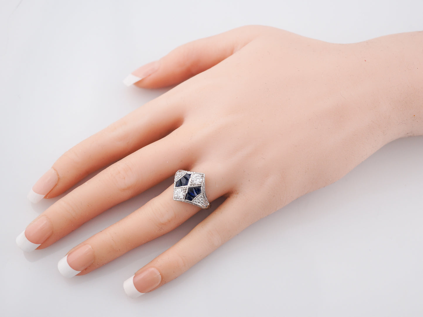 Right Hand Ring Modern 1.03 Round Brilliant Cut Diamonds & 2.86 French Cut Sapphire in Platinum