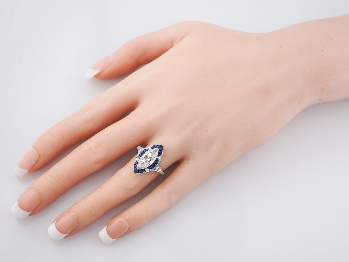 Right Hand Ring Modern 1.85 Marquise Cut Diamond & .90 French Cut Sapphire in Platinum