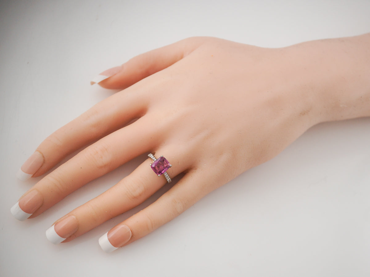 Right Hand Ring Modern 2.14 Cushion Cut Pink Spinel & .24 Round Brilliant Cut Diamonds in 18k Yellow Gold