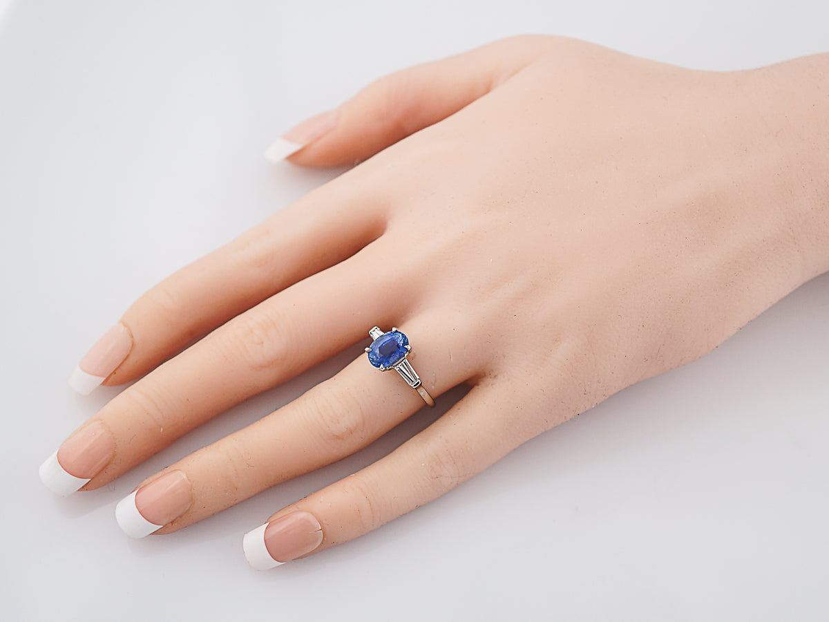 ***RTV***Right Hand Ring Modern 2.21 Oval Cut Sapphire & .28 Baguette Cut Diamond in Platinum