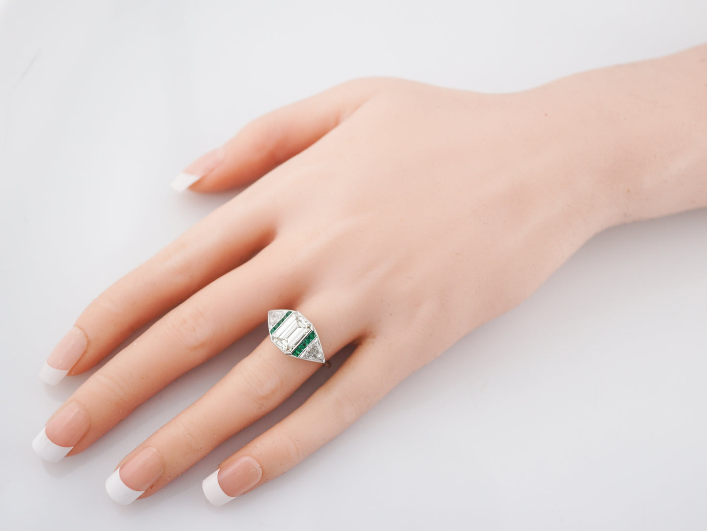 Engagement Ring Modern 2.51 Emerald Cut Diamond & .15 Emeralds in Platinum