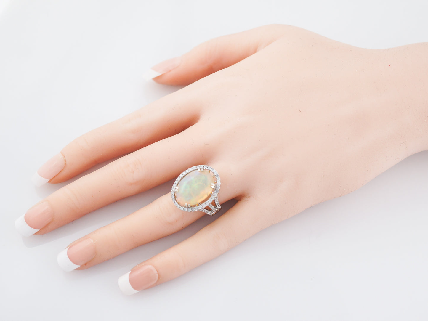 Right Hand Ring Modern 5.57 Oval Cut Opal & 1.17 Round Brilliant Cut Diamonds in 14k White Gold