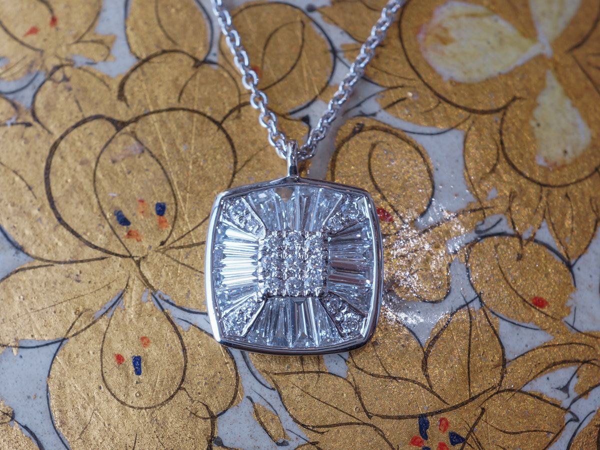 Round & Baguette Diamond Pendant Necklace in 18K White Gold