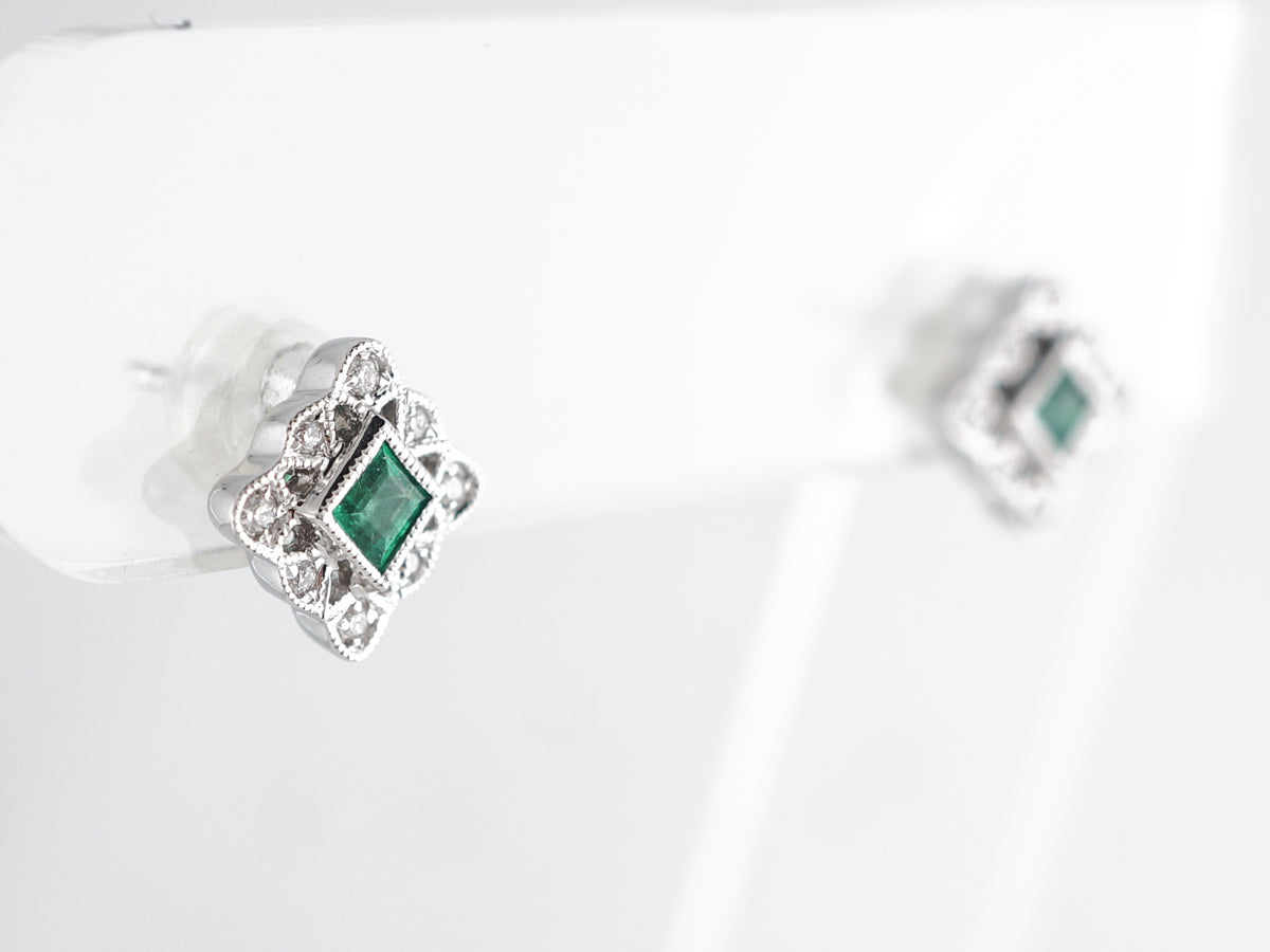 Square Emerald & Diamond Earrings in 14k White Gold