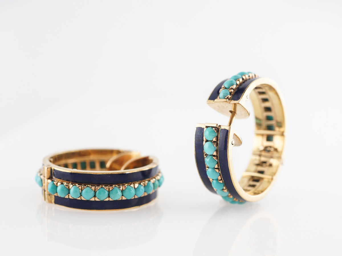 Thick Hoop Earrings w/ Turquoise in 18k Yellow Gold