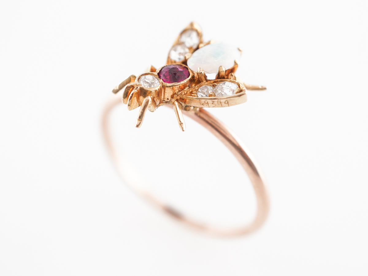 Victorian Bee Cocktail Ring w/ Opal & Rubies 14k