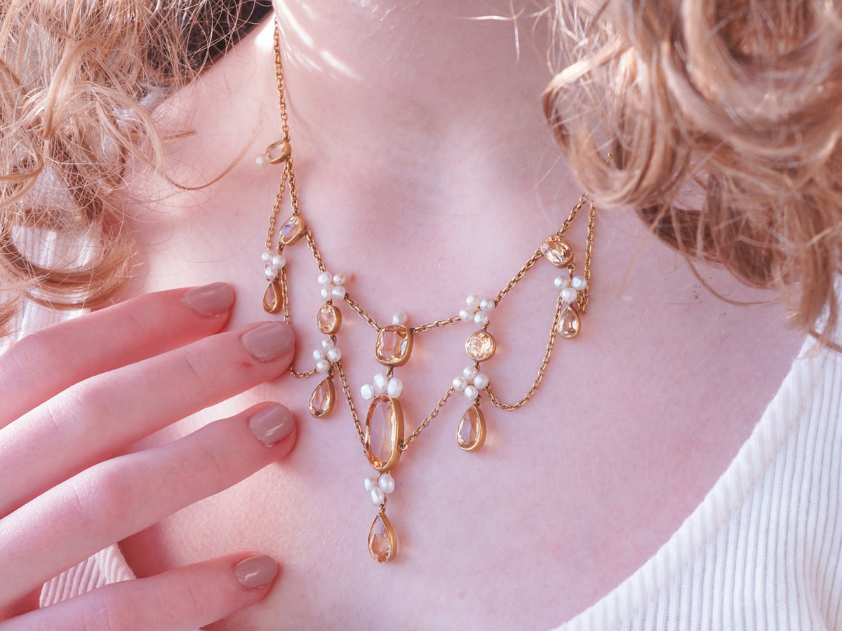 Vintage Victorian Necklace w/ Golden Topaz & Pearl in Yellow Gold