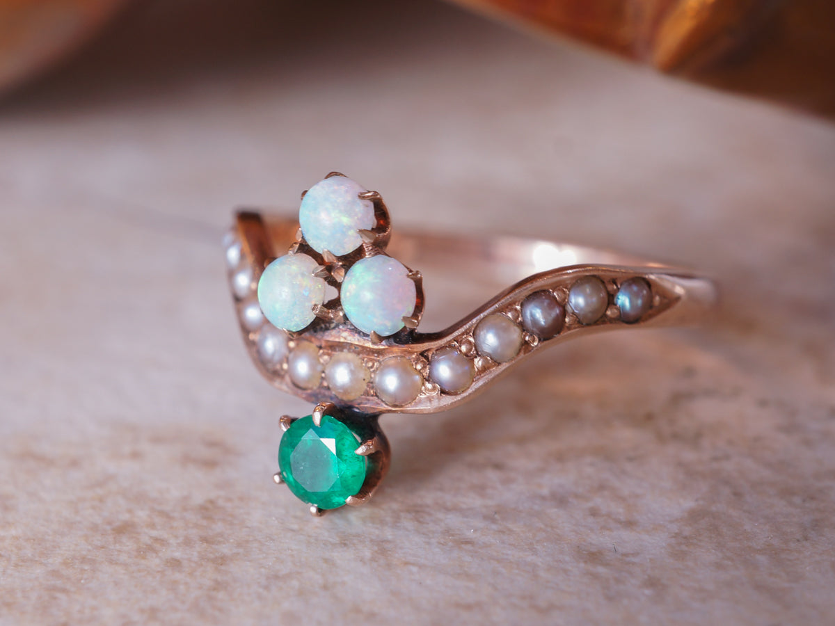 Victorian Emerald & Opal w/ Pearls Cocktail Ring in 10k