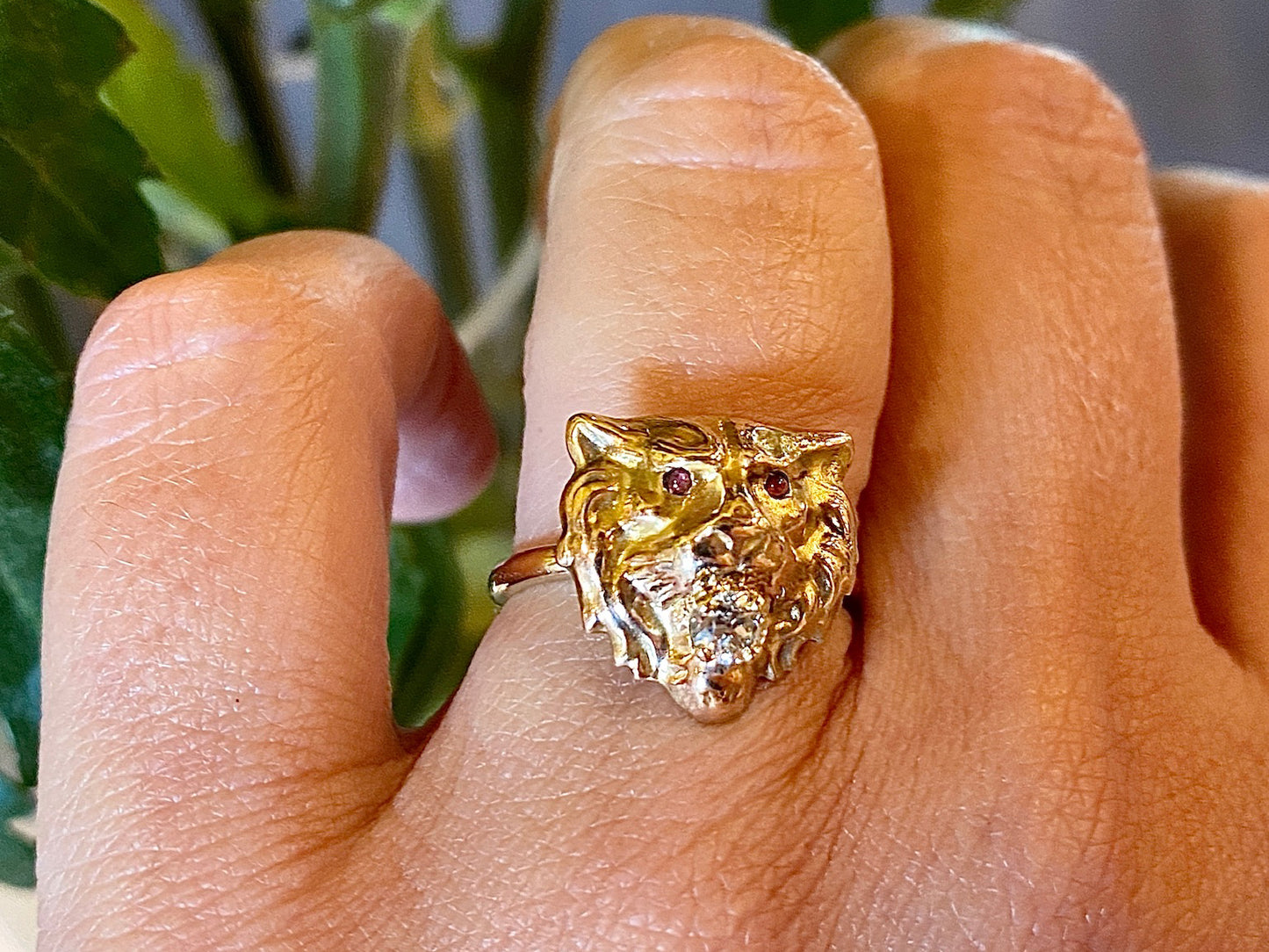 Victorian Lion Cocktail Ring W/ Old Mine Cut Diamond & Rubies 14k