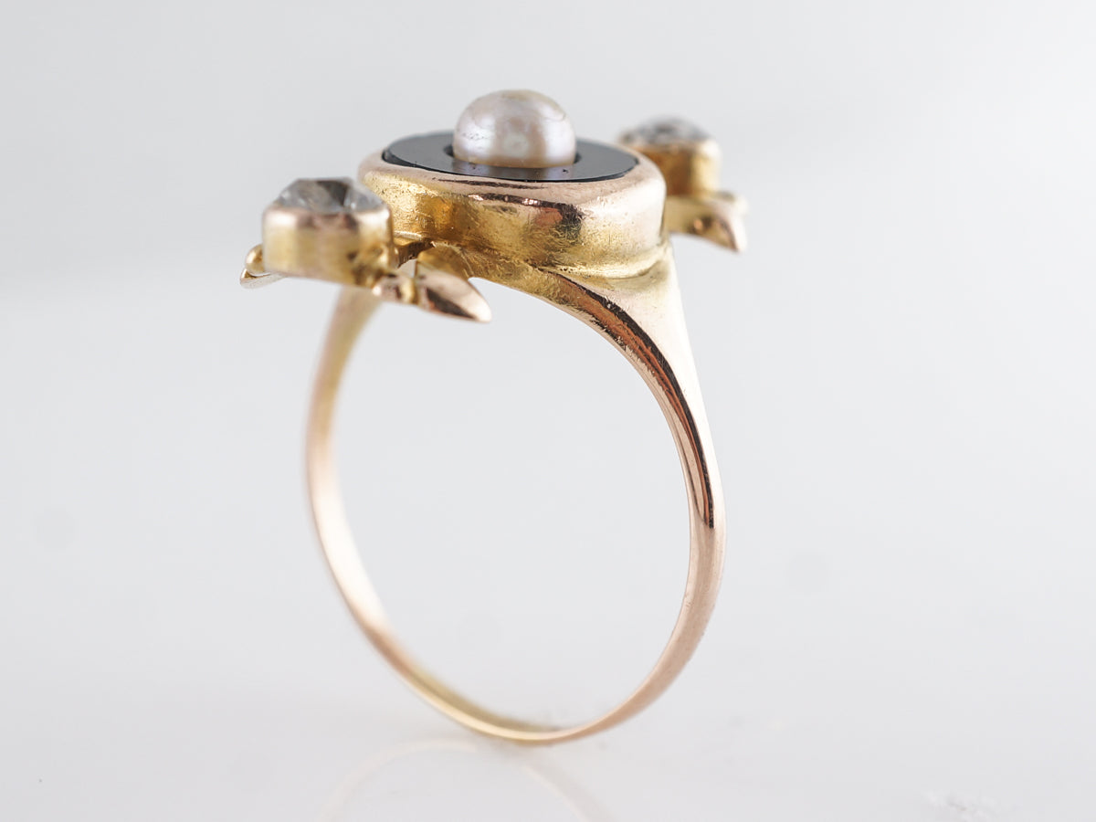 Victorian Onyx & Diamond w/ Pearl Cocktail Ring 14k Yellow Gold