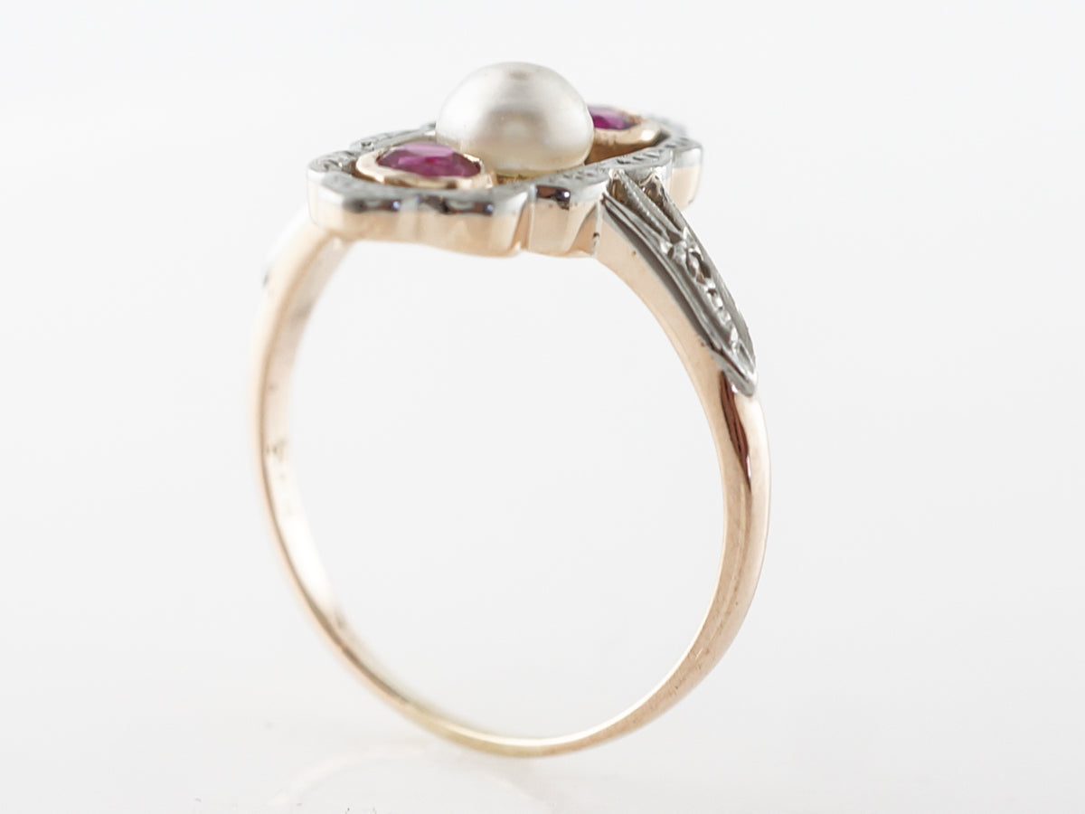 Victorian Ruby & Pearl Ring w/ Diamond Accents in Yellow Gold